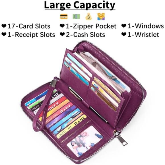 New Womens Wallet RFID Blocking Leather Zip Around Wallet Large Capacity - Picture 2 of 6